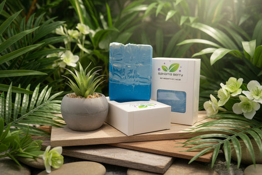 Blue bar of soap with packaging